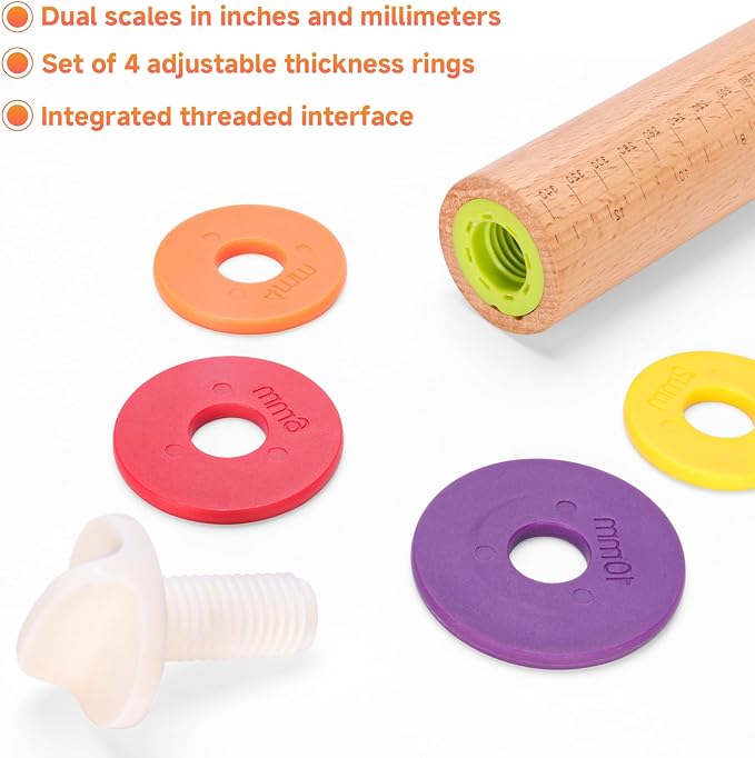 Adjustable Rolling Pin with Thickness Rings for Baking, 13.6" with 4 Multicolored Thickness Ring, Wood Dough Roller for Baking Fondant, Pizza, Cookie, Bread, Pie Crusts