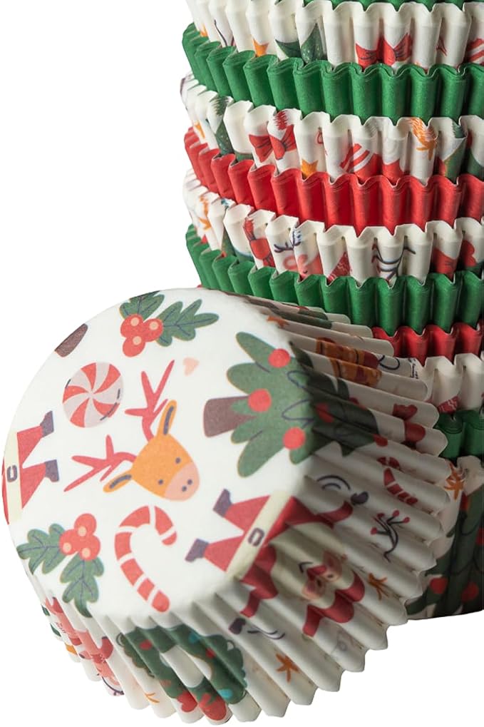 500 Paper Cupcake Liners, Muffin Liners or Baking Cups for Desserts, Muffins, Cupcakes and More Treats; Grease Proof, Food Grade, Nut Serving Containers (Christmas)