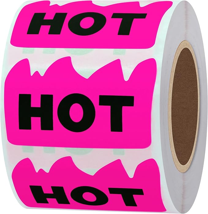 Hybsk 500pcs Rave Hot Stickers 2 x 1-1/5 Inch Fluorescent Hot Flame Fire Shape Labels Marking for Restauresent Supermarkets Stores Shops (Fluorescent Pink)