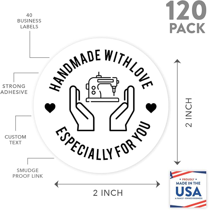Andaz Press Round Small Business Sticker Labels 120-Pack Sewing, Handmade with Love, Especially for You, Clothing Stitching Knitting, Handmade Stickers For Packaging, Product Labels For Small Business