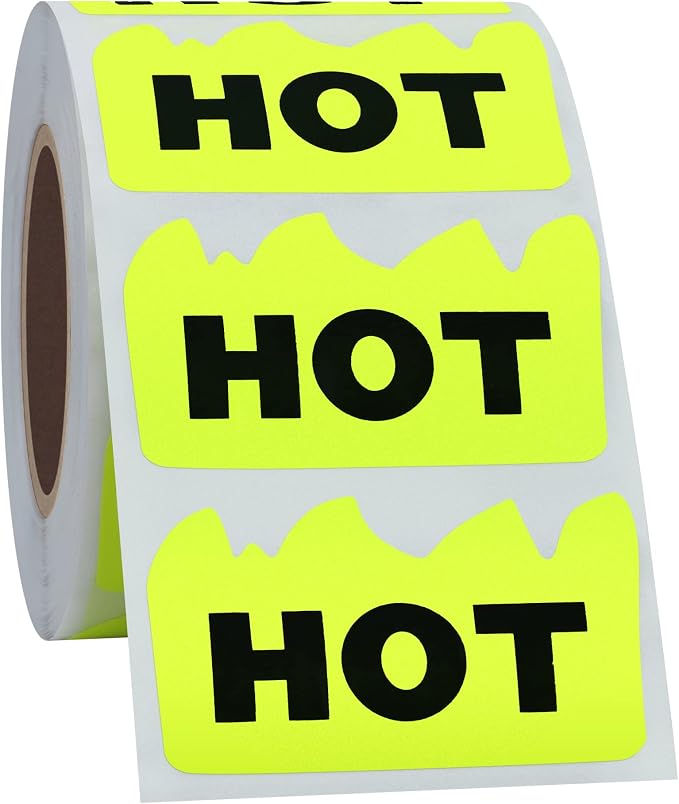 Hybsk 2 x 1-1/5 Inch Fluorescent Yellow Hot Flame Sticker HOT Imprint 500 Labels Per Roll (Fluorescent Yellow)