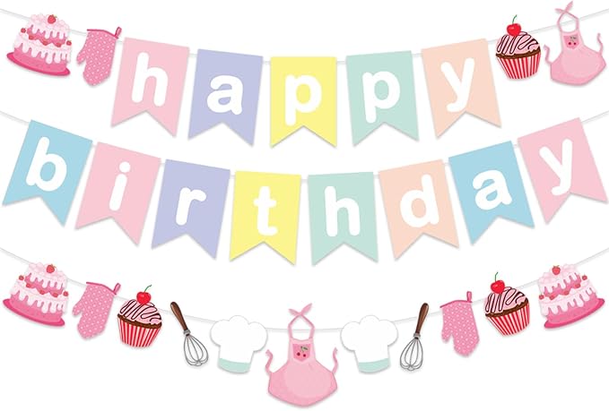 Zwiebeco Baking Happy Birthday Party Decoration Colorful Pink Banner Hanging Paper Garland Bunting Sign for Kids Girls Bake Themed Accessories Supplies