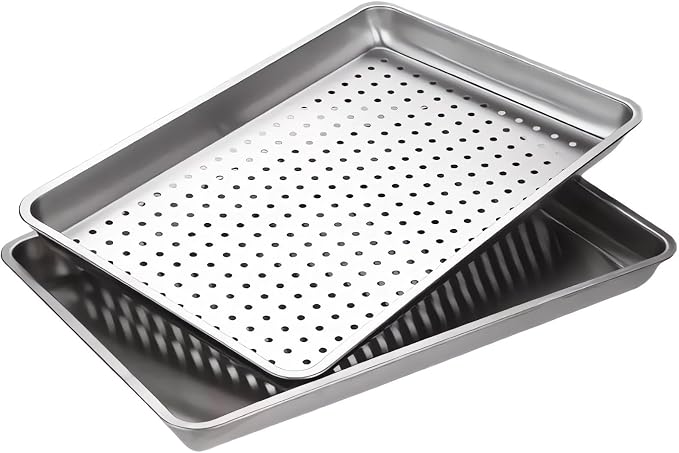 23.5"x15.5" 304 Stainless Steel Baking Pan & Crisping Tray Set | 2-Pack, Heavy Duty, Uncoated Non-Toxic, Commercial Grade, Deep Solid Pan & Perforated Tray, For Roasting Thawing Draining