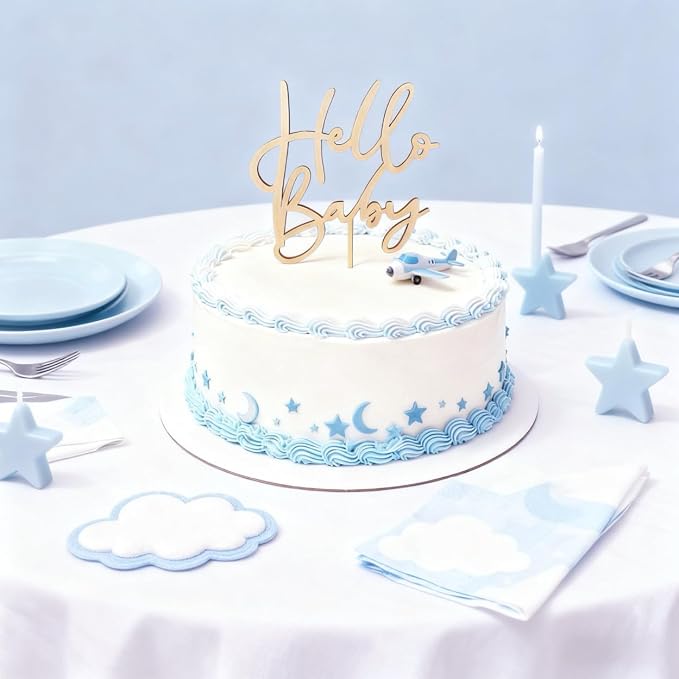 Hello Baby Wooden Cake Topper - Baby Shower Cake Decorations, Gender Reveal Party Supplies, Baby Birthday Decor & Photo Booth Props for Baby Shower Favors