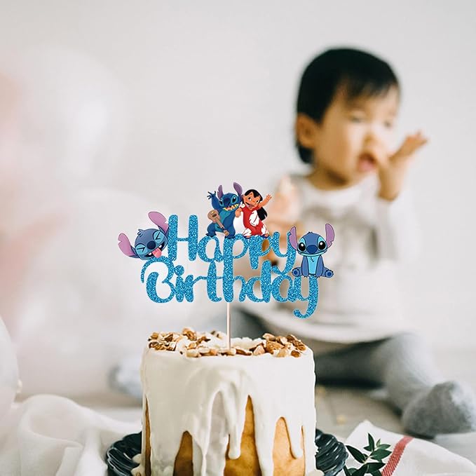 Blue Cake Topper, Glitter Happy Birthday Cake Decorations, Boys Girls Cute Cartoon Theme Party Supplies