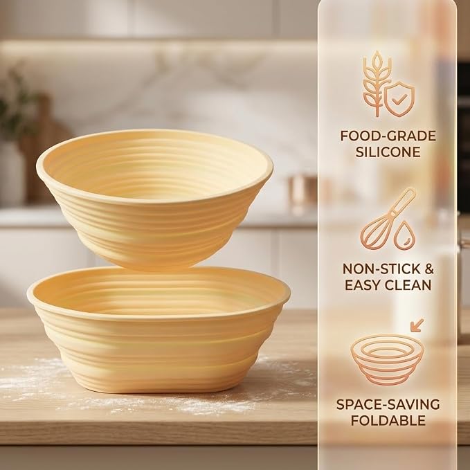 2 Pcs Foldable Silicone Banneton Bread Proofing Baskets 9.45 Inch Oval & 9 Inch Round Non-Stick Proofing Bowl Baking Basket Oven and Dishwasher Safe, Easy to Clean, Making-BPA Free (Yellow)