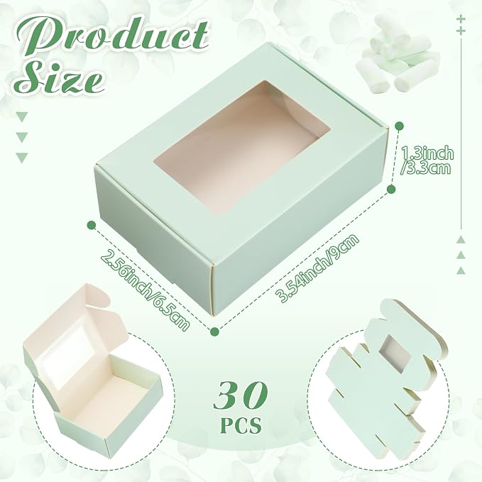 Zonon 30 Pcs Soap Boxes for Homemade Packaging, Mini Kraft Boxes with Window for Bakery Candy Soap Making Gift Packaging, 3.7x2.6x1.4 Inch (Light Green)