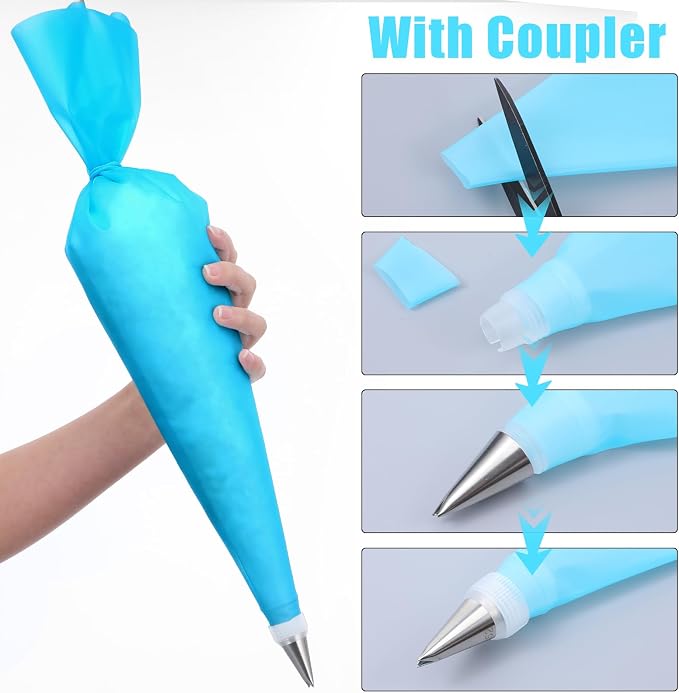 18 Inch Reusable Piping Bags 3-Pack Silicone Icing Bag Large Pastry Bags Set Cake Decorating Reusable, Baking Dessert Piping Bag with 3 Icing Couplers for Standard Tips, Blue