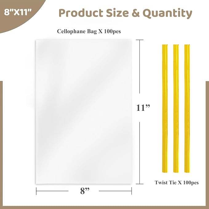 WIKDAY Cellophane Bags 100 PCS 8x11 Inches Clear Gift Gags with Ties Plastic Treat Party Favor Candy Bags for Gift Giving, Packaging Snack, Products