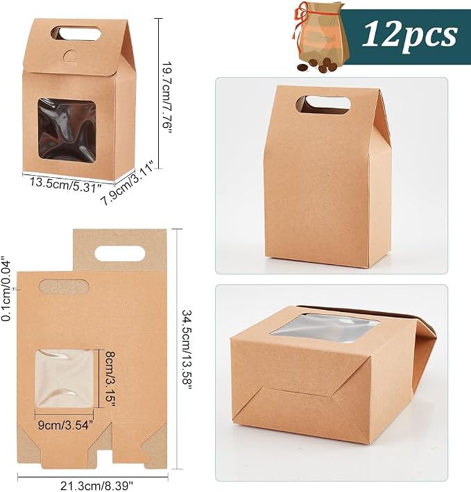 PH PandaHall 12pcs Treat Gift Boxes Kraft Paper Boxes Dessert Bakery Boxes with Display Window Packing Box for Valentine Mother's Day Easter Birthday Party 3.1x5.2x5 inch