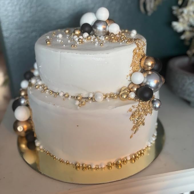 Edible White and Gold Pearl Sprinkles for Cake Decorating, (2-Pack) Mixing 4 Sizes Sugar Cupcake, Ice Cream, Donuts, Macaron Toppings Supplies 6.35oz/180g