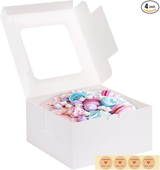 Moretoes 4 Pack Cake Boxes with Window, 10x10x5 Inches White Bakery Containers, 10 Inch White Cake Carrier, Disposable Bakery Boxes for Valentine's Day Mother's Day Cake Cupcake Cookie Pie Pastry