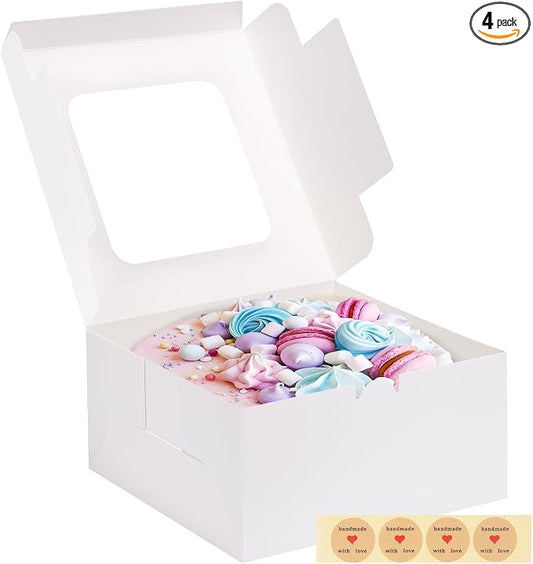 Moretoes 4 Pack Cake Boxes with Window, 10x10x5 Inches White Bakery Containers, 10 Inch White Cake Carrier, Disposable Bakery Boxes for Valentine's Day Mother's Day Cake Cupcake Cookie Pie Pastry