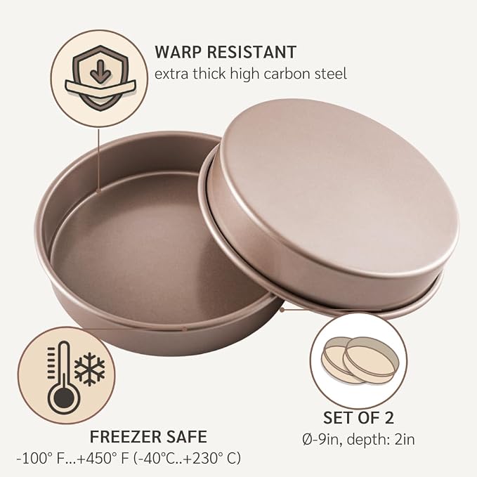 HAPPIELS 9in Raund Cake Pan 2-Pack Nonstick, PFOA & BPA Free | Quality Non Stick 9 inches Layer Circle Cake Pan 2 inches Deep | Best 9in Baking Pan Nontoxic | 9inch 9inches Cake Pans Set