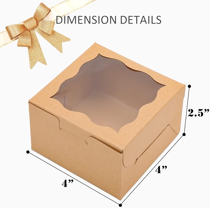 Bakepacker 400pcs Brown Bakery Boxes with Window 4"x 4"x 2.5" Thick & Cookie Boxes & Sturdy Macaroon Pastry