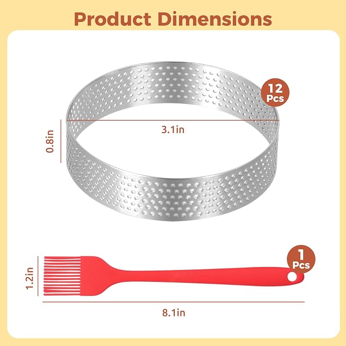 12Pack Tart Rings, 304 Stainless Steel Perforated Tart Rings with Silicone Oil Brush, 3.15 Inch Cake Mousse Rings, Metal Pastry Cake Molds for Baking Dessert Rings, Dishwasher-Safe