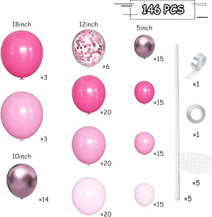 Pink Balloon Arch Kit, 146 PCS Hot Pink Light Pastel Pink Metallic Balloons Garland with Confetti for Bridal Baby Shower Birthday Princess Wedding Party Decorations