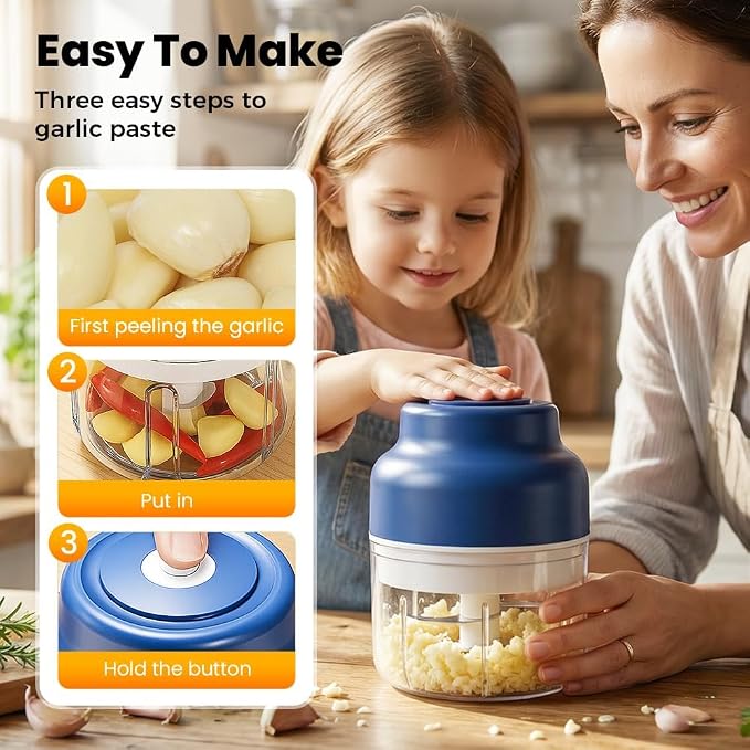 2026 Upgrade Electric Garlic Chopper, Electric Mini Food Processor Portable Veggie Cutter Chopper, USB Rechargeable Wireless Food Chopper for Mashing Garlic, Chili, Onion, Fruit, Ginger (250ml+320ml)