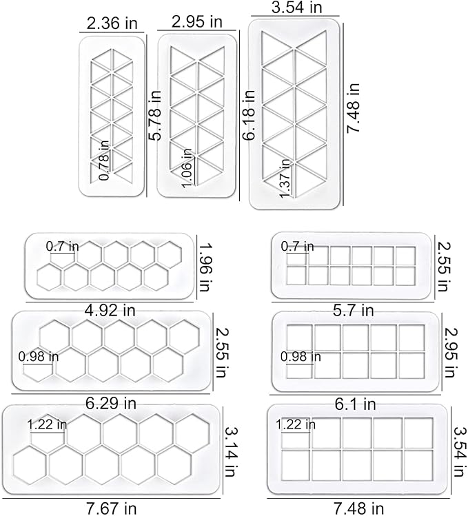 9 Pcs Geometric Multicutter Cake Fondant Cutter, Square, Hexagon, Triangle Shapes, Non-Stick Plastic, White