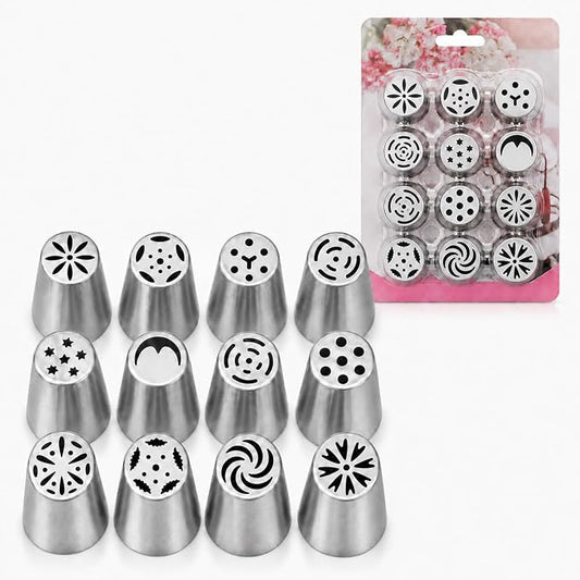 12 PCS Russian Piping Tips, Stainless Steel Flower Piping Tips for Cake Decorating, Flower Icing Tips and Frosting Nozzles for Cupcakes, Cookies, Desserts and DIY Baking Decoration