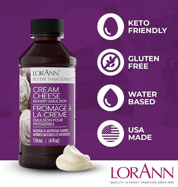LorAnn Oils Cream Cheese Bakery Emulsion: True Essence, Ideal for Boosting Fruit Tones in Cakes, Cookies & Desserts, Gluten-Free, Keto-Friendly, Extract Substitute Essential for Your Kitchen, 16 Oz