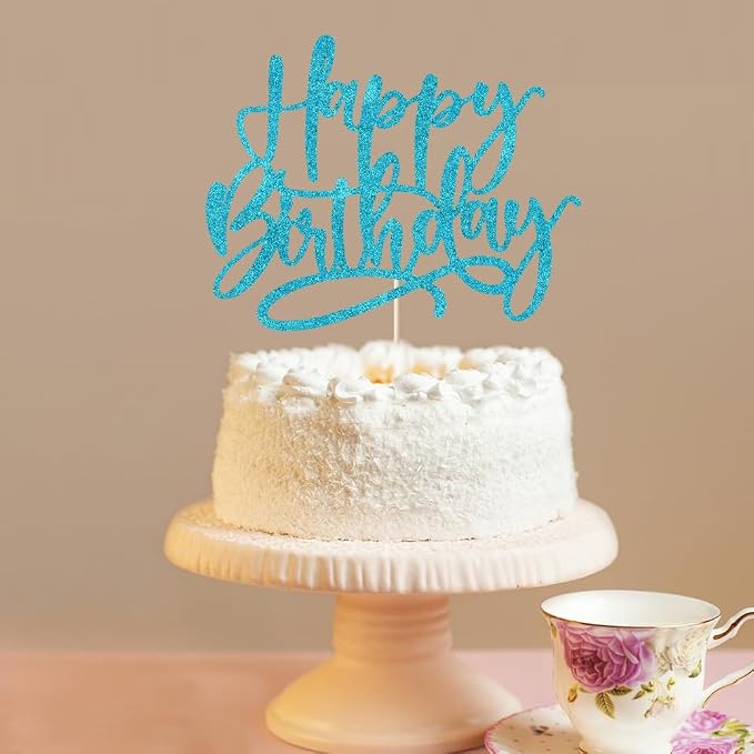 Kaoenla Happy Birthday Cake Topper, light blue Glitter handwork Happy Birthday Cake Decoration Suitable For Anniversary/Birthday Party Decor