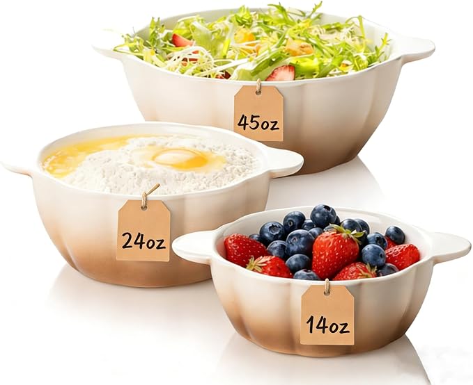 Ceramic Soup Bowls with Handles Set of 3, Kitchen Food Storage Bowls for Prepping and Baking, Cute Ramekins, Baking Dishes for Dessert, Salad, Ideal for Cooking and Serving, Mothers Day Gifts