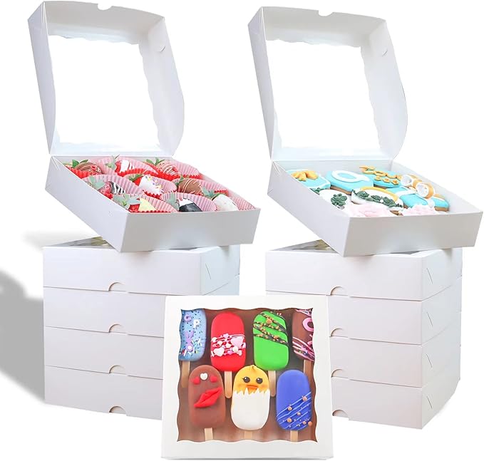 RomanticBaking 30pcs 8x8x2 Inches Bakery Boxes with Window Pie Boxes Cookies Boxes Chocolate Covered Strawberries Boxes Cakesickle boxes