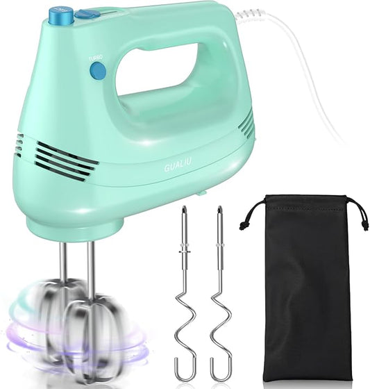 GUALIU Electric Hand Mixer with Stainless Steel Whisk, Dough Hook Attachment and Storage Bag, Handheld Mixer for Baking Cakes, Eggs, Cream Food Mixers. Turbo Boost /5 Speed Kitchen Blender GREEN