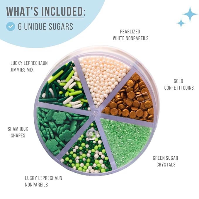Sweets Indeed St Patricks Day 6 Cell Sprinkles Jar – Green Shamrock Quins, Green and Gold Sugar, Circle Quins and Nonpareils for Baking & Decorating Cupcakes, Cookies, Cakes & Desserts – 6.45 ounces