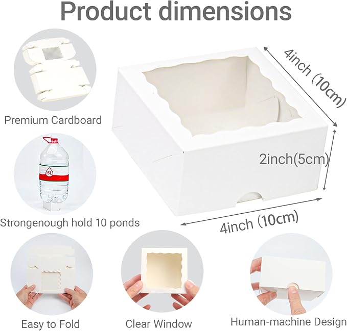 100-Pack 4X4X2 Inches Elegant White Bakery Boxes - Treat/Cookie/Truffle Boxes for Mini Cakes, Pies & Cinnamon Rolls - Wedding Party Favor Packaging