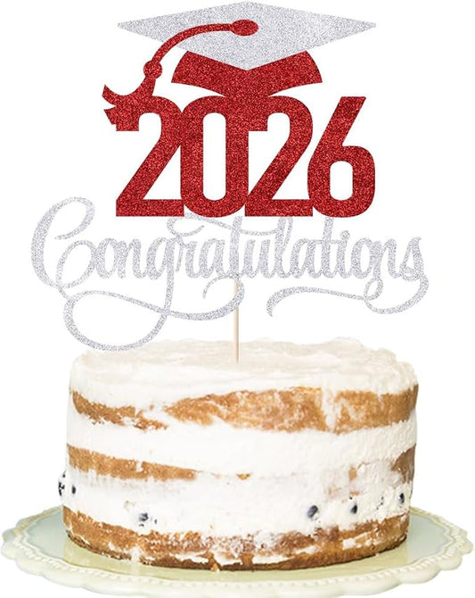 Silver-red 2026 Congratulations Graduation Cake Topper,Congrats Grad Cake Decor - 2026 High School/College/Senior Graduation Party Decorations Supplies