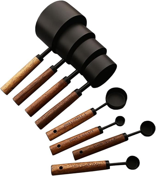 8 pieces Black Measuring Cups Set and Measuring Spoons Set with Scale, BRIIEC Wooden Handle Stainless Steel Dry & Liquid Measuring Cup for Cooking Baking