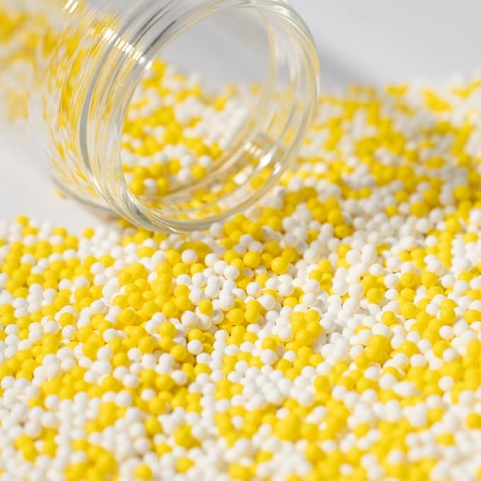 Sprinkles130g/4.6oz, White Yellow Edible Pearl Sprinkles for Cake Decorations, Baking, Ice Cream, Cookies, Cupcake Topper Edible Pearls Sprinkles - 2mm Matte Sugar Pearls for Cake Decorating (2mm yellow white)