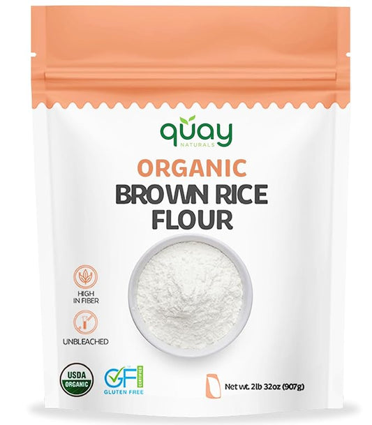 Quay Naturals Organic Brown Rice Flour Finely Milled 2 lb – Gluten Free, Non‑GMO, Whole Grain, Vegan Baking Flour, Stone Ground All Purpose Flour