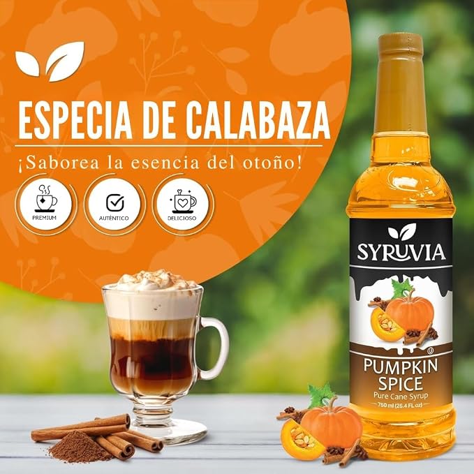 Syruvia Coffee Syrup, Pumpkin Spice Flavored Syrup for Drinks, Lattes, and Desserts – 25.4 fl oz - with Pump