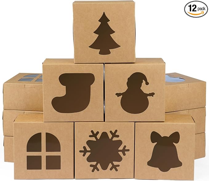12 PCS Christmas Cookie Boxes, 6×6×3 Inches Treat Boxes Tin, Small Pastry Boxes with Window, for Gift Giving Packaging Dessert Bakery Cupcake Baked Goods (Brown)