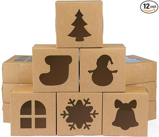 12 PCS Christmas Cookie Boxes, 6×6×3 Inches Treat Boxes Tin, Small Pastry Boxes with Window, for Gift Giving Packaging Dessert Bakery Cupcake Baked Goods (Brown)