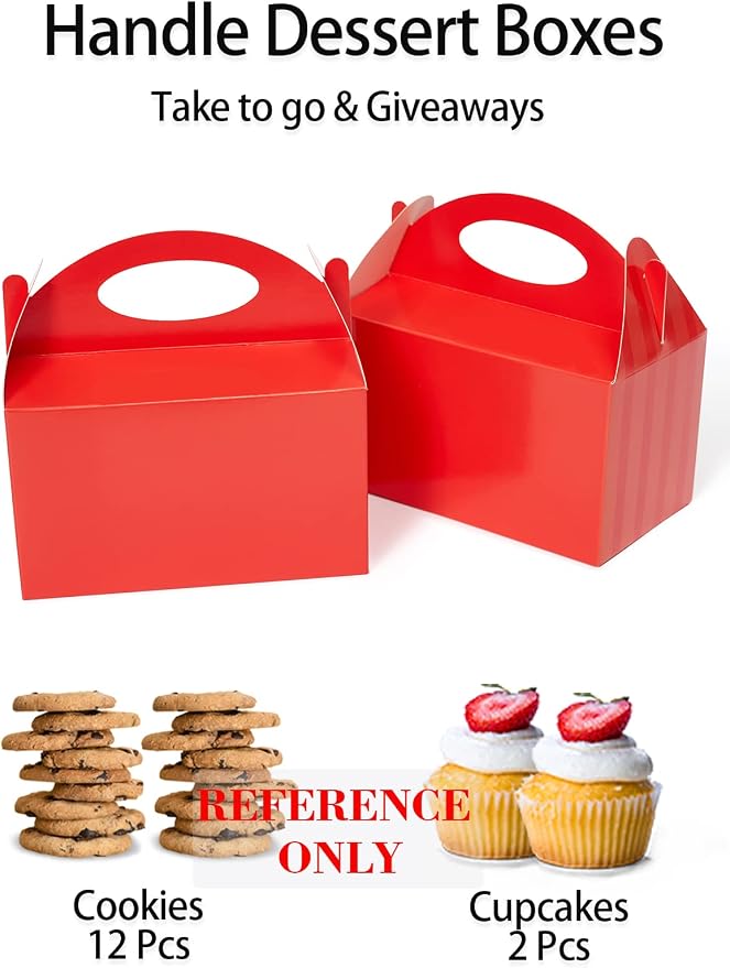 P6RD50 Happyhiram 50 Count Red Party Favor Boxes, Treat Boxes with Handles 6" Gable Boxes Candy Boxes Party Favor Paper Gift Boxes for Kids Birthday Baby Shower Bridal Shower