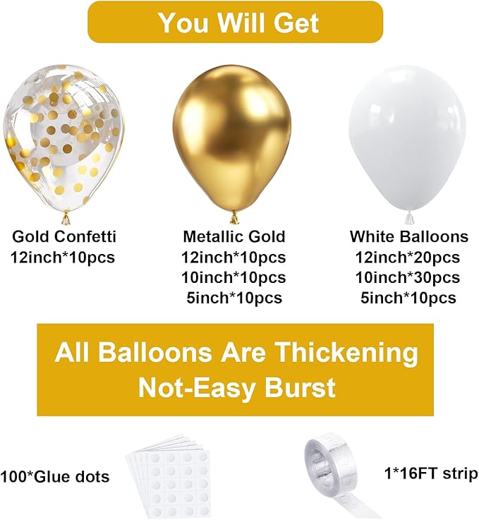 Bezente White Gold Balloons Arch Garland Kit, 100Pcs White Gold Metallic Chrome and Gold Confetti Balloons Arch for Wedding, Birthday, Engagement, Bridal Shower Special Events Party Decoration