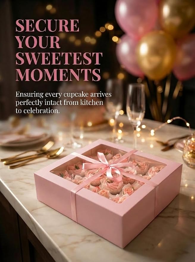 Bakepacker Auto-pop Up Cupcake Boxes with Window Pink 40PCS 12 Count Cupcake Box 13"x10"x3.5" Cupcakes Carrier, 12 Cupcake Containers with 2 rolls of pink ribbons