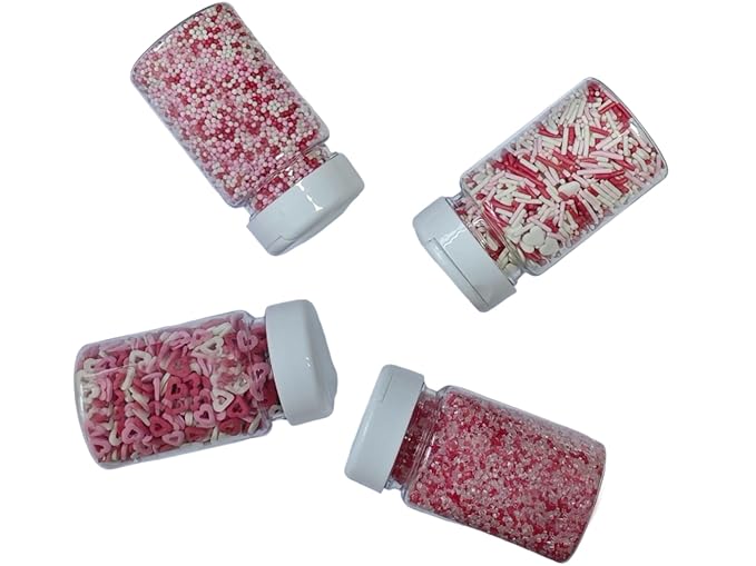 Edible Valentines Sprinkles for Baking,Pink, Red and White Heart,Jimmies,Nonpareils,Sanding Sugar for Love Valentines Day Cake Cookies Cupcake Topper Decorating(4 Bottles)