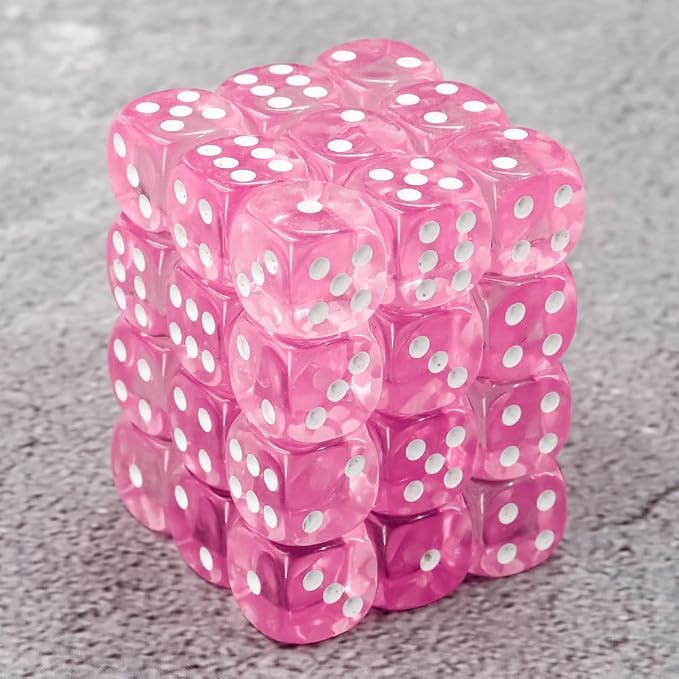 36 of Pack 12MM 6 Sided MINI Dice Set,Translucent Colors Game Dice Set, 6 Sided Standard Colored Dices for Tenzi, Farkle, Yahtzee, Bunco or Teaching Math, with Portable Plastic Box(Pink)