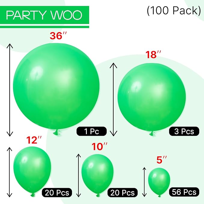 PartyWoo Green Balloons 100 pcs Different Sizes of 36 18 12 10 5 Inch Green Balloon Arch Kit Garland for Birthday Baby Shower Graduation Dinosaur Jungle Golf Football Theme Party Decorations Green-Y24