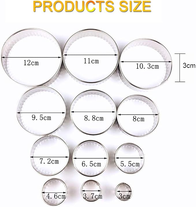 12 Pieces Stainless Steel Fluted Edge Round Cookie Biscuit Cutter Set Graduated Ring Sizes for Effortless Circle Cookie Shaping, Pastry
