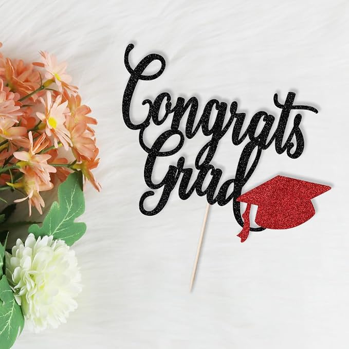 Congrats Grad Cake Topper,2026 Graduation Cake Topper, Congrats Grad Decorations,2026 High School/College/Senior Graduation Party Decorations Supplies. (Congrats Grad Black red)
