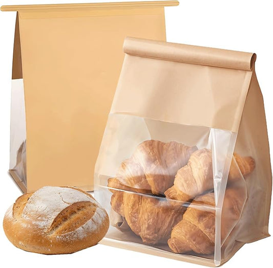 50 Pcs Bread Bags for Homemade Breads with Window, 6.3 x 5.1 x 10.3 Inch Tin Tie Tab Lock Resealable Bakery Loaf Bags for Packaging Sourdough Bread, Cookies, Bagels, Pastry