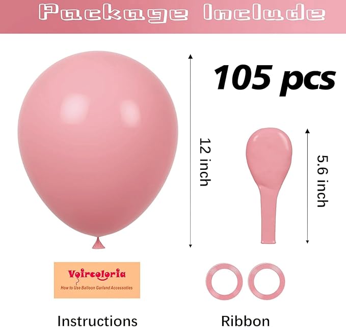 Voircoloria 105pcs Retro Pink Balloons 12inch Party Latex Balloons for Boys Girls Birthday Baby Shower Gender Reveal Wedding Sunflower Party Decorations
