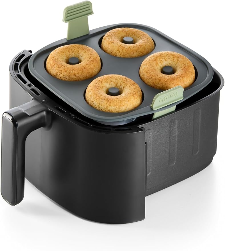 Lékué Air Fryer Donut Mold - Make 4 Donuts in under 30 mins - 100% Platinum Silicone Baking Pan for Air Frying, Fits in Draw Tray, Pull-up Handles for Easy Removal, Non-Stick, Easy De-Molding