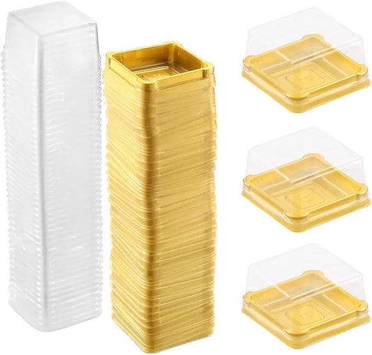 EchoDone 50 Set Clear Square Plastic Mini Cupcake Boxes (Gold) | Candy Muffin Square Mooncake Box Single Container Wedding Birthday Gift Box
